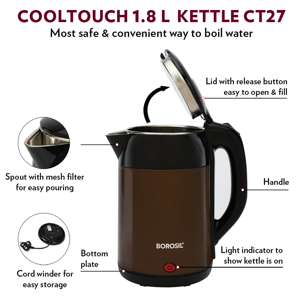 Borosil Cooltouch Electric Kettle Brown, 1.8L