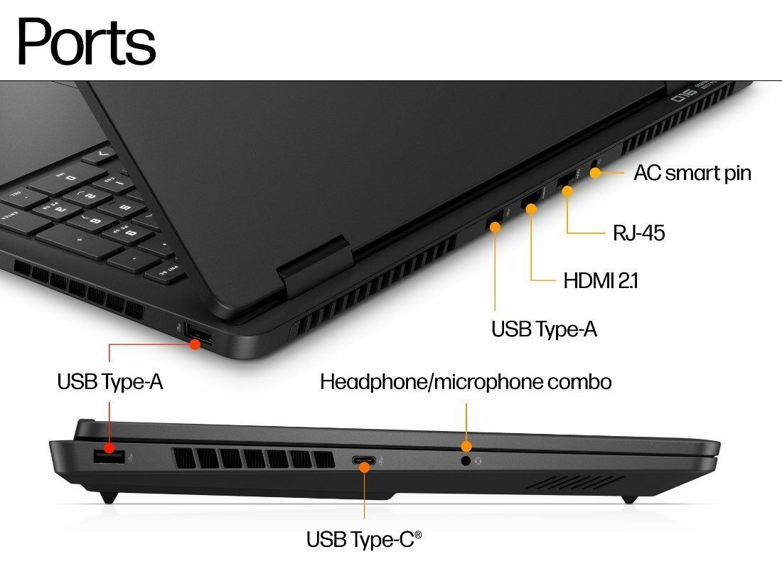 HP OMEN Slim 16 gaming laptop side view with RGB backlit keyboard and port layout