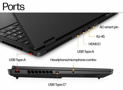 HP OMEN Slim 16 gaming laptop side view with RGB backlit keyboard and port layout