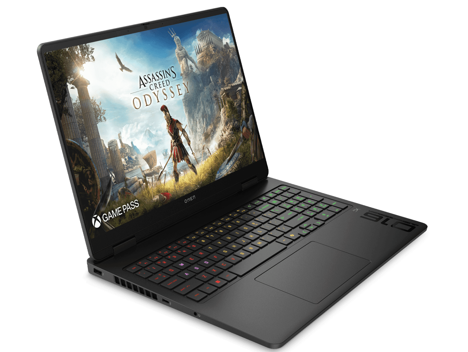 HP OMEN Slim 16 Shadow Black gaming laptop right angle view with 4-zone RGB keyboard