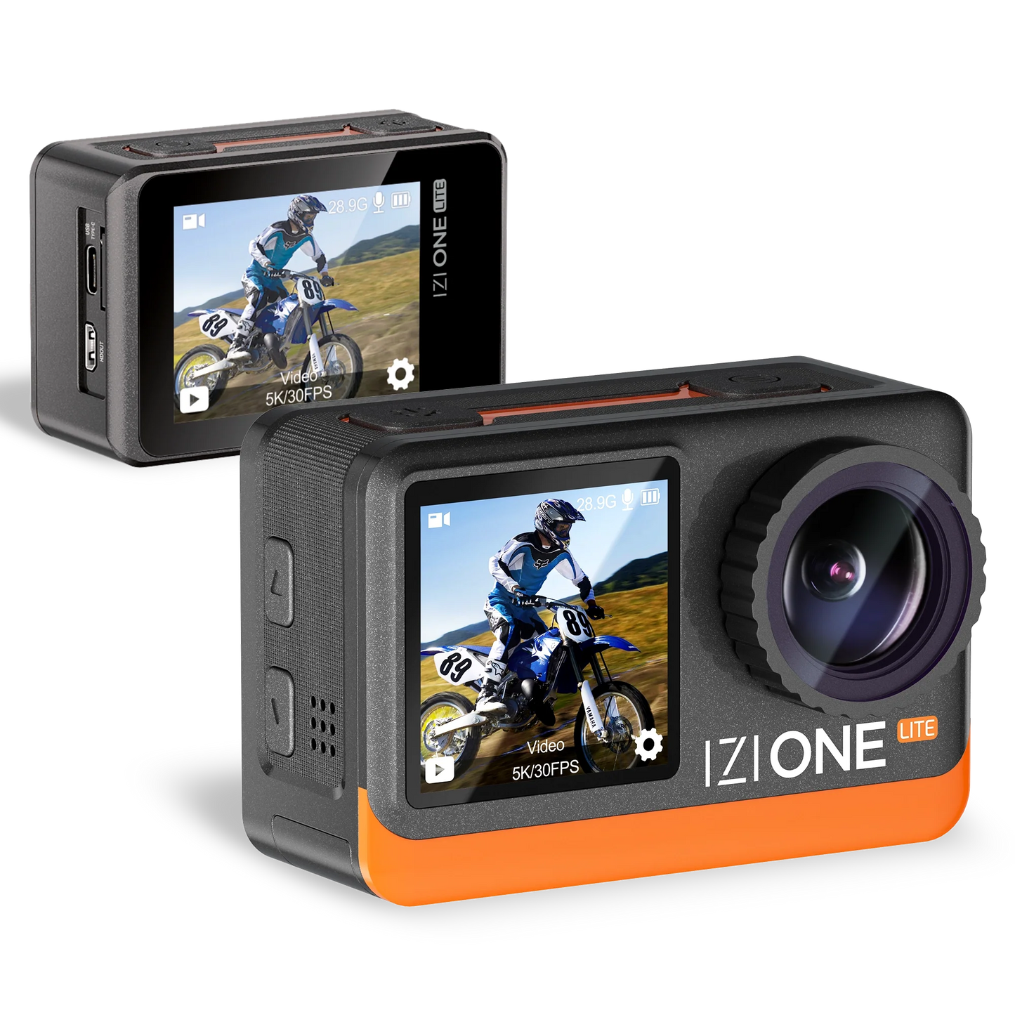 IZI One Lite 5K Action Camera - 4K 60FPS 50MP Ultra HD Moto Vlogging Action Cam, Dual Screen, EIS Stabilization, 170° Wide Angle, 30M Waterproof, 2-Battery - 180 mins action, 256GB SD Card Support