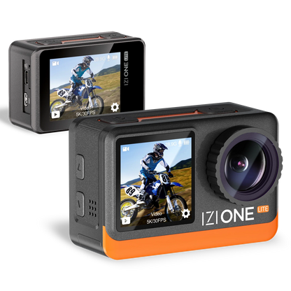 IZI One Lite 5K Action Camera - 4K 60FPS 50MP Ultra HD Moto Vlogging Action Cam, Dual Screen, EIS Stabilization, 170° Wide Angle, 30M Waterproof, 2-Battery - 180 mins action, 256GB SD Card Support