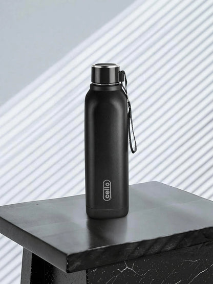 Cello Puro Steel-X Royce 900 | PU Insulation | Leak Proof | Wide Mouth | 730 ml Stainless Steel Flask (Pack of 1, Black)
