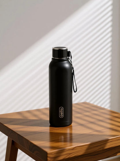 Cello Puro Steel-X Royce 900 | PU Insulation | Leak Proof | Wide Mouth | 730 ml Stainless Steel Flask (Pack of 1, Black)