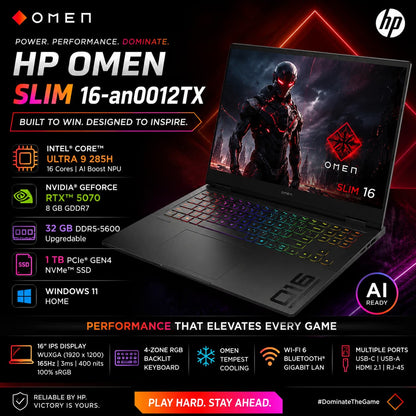 HP OMEN Slim 16-an0012TX specifications infographic - Intel Core Ultra 9 285H, RTX 5070 8GB GDDR7, 32GB DDR5-5600, 1TB Gen4 NVMe SSD, 16 inch 165Hz WUXGA display, Windows 11 Home