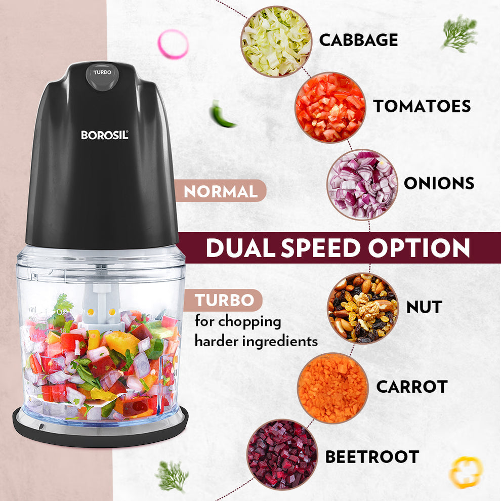 Borosil Chef Delite 260W Electric Chopper For Kitchen Use, White Chopper, Kitchen Accessories Items, Turbo Speed Option, Stainless Steel Blades, Whisking Blade for Cream, Chaas, Lassi