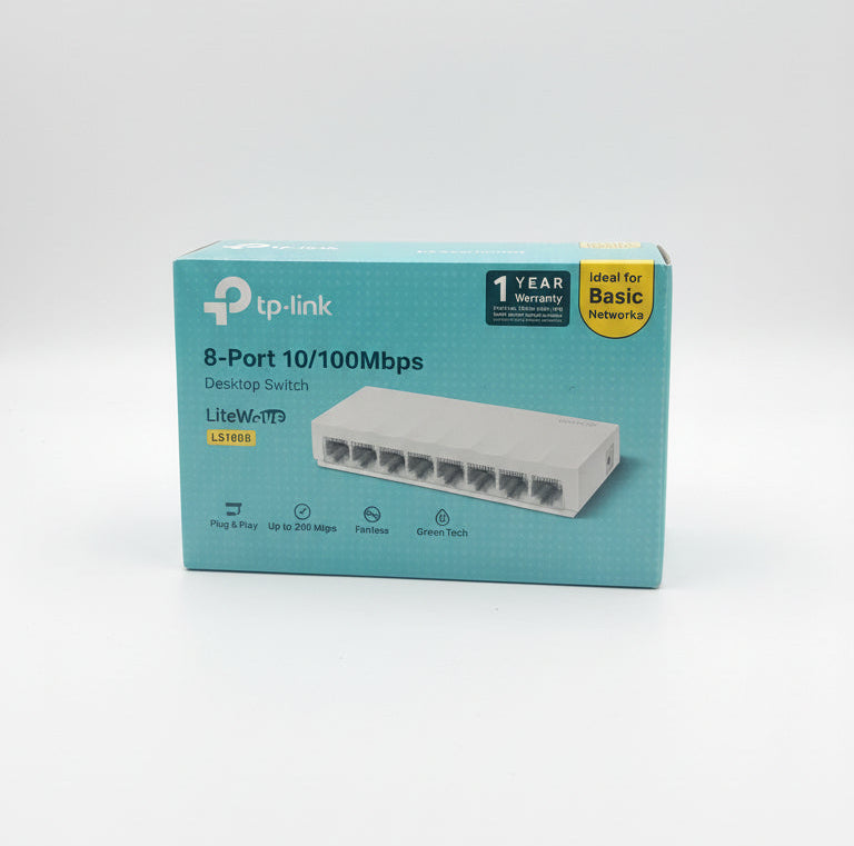 TP-Link 8-port switch packaging on a white background