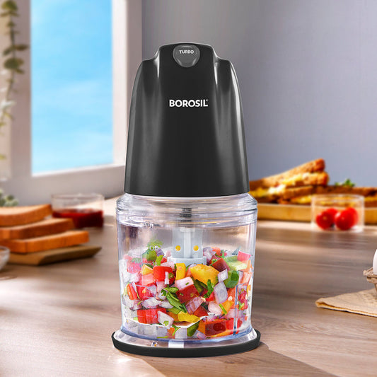 Borosil Chef Delite 260W Electric Chopper For Kitchen Use, White Chopper, Kitchen Accessories Items, Turbo Speed Option, Stainless Steel Blades, Whisking Blade for Cream, Chaas, Lassi