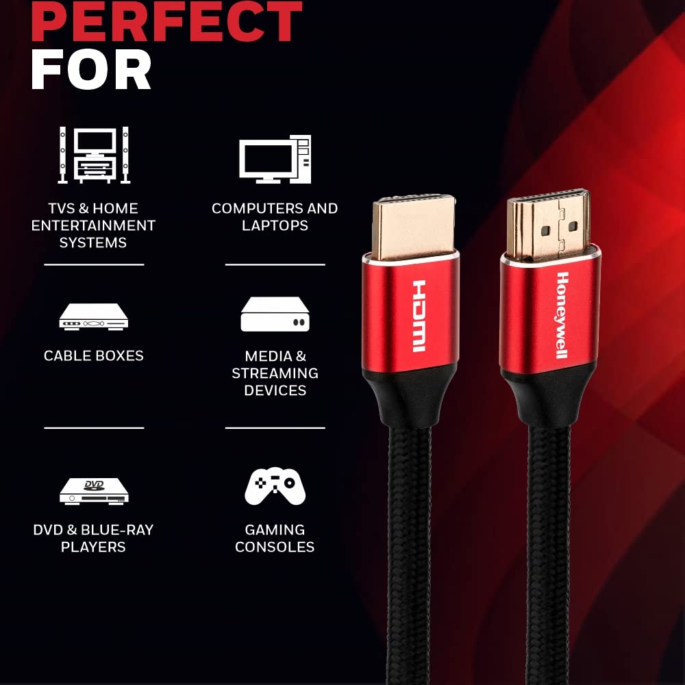 Honeywell 8K Ultra High speed HDMI Ver 2.1 cable with Ethernet - 2M, Red/Black/Gold-HDMI Cable-Honeywell-computerspace