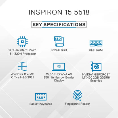 Dell Inspiron 5518 Laptop Intel Core i5-11320H 8GB 512GB Win 11+MSO'21 15.6" FHD WVA AG 250 nits NVIDIA MX450 2GB GDDR5 Platinum Silver 1 Year Onsite Hardware Service D560812WIN9S