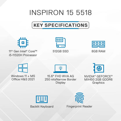 Dell Inspiron 5518 Laptop Intel Core i5-11320H 8GB 512GB Win 11+MSO'21 15.6" FHD WVA AG 250 nits NVIDIA MX450 2GB GDDR5 Platinum Silver 1 Year Onsite Hardware Service D560862WIN9S