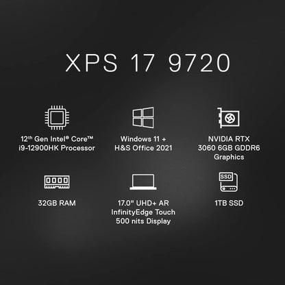 Dell Xps 9720 Laptop I9-12900hk 32gb Ddr5 1tb Ssd Win 11 + Office H&s 2021 Nvidia® Geforce® Rtx 3060 6gb Gddr6 17.0" Uhd+ Ar Infinityedge Touch 500 Nits Backlit Keyboard 1 Year Onsite Premium Support Plus Includes Adp Platinum Silver D560069win9s