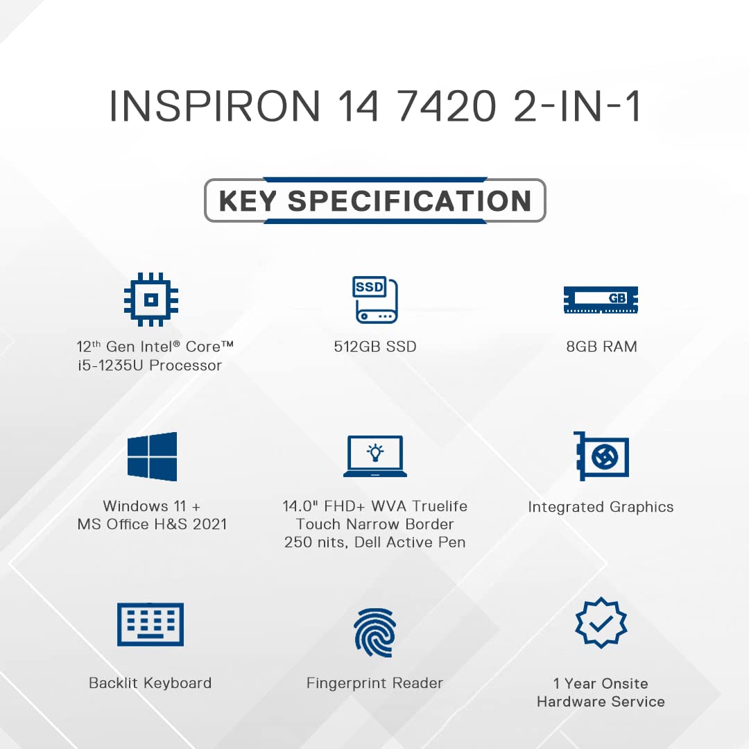 Dell Inspiron 7420 2in1 Laptop 12th Gen Intel i5-1235U 8GB & 512GB SSD 14.0" FHD+ WVA Touch 250 nits Active Pen Backlit KB Win 11 + MSO'21 Platinum Silver Backlit Keyboard + Fingerprint Reader 1 Year Onsite Hardware Service D560903WIN9S-Laptops-DELL-computerspace