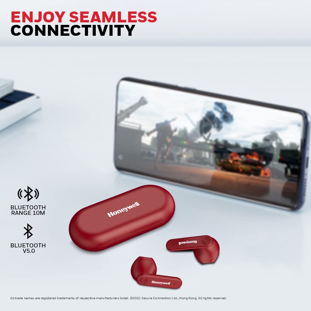 Honeywell Suono P2000 Truly Wireless Earbuds, Upto 18 Hours Playtime, Ultra Slim & Lightweight, Type-C Fast Charging, Voice Assistant & Bluetooth 5.0 (Red)-Headphones & Headsets-Honeywell-computerspace