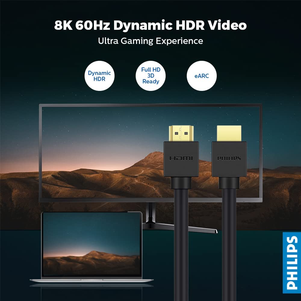 PHILIPS HDMI 2.1 8K Cable Ultra HD High Speed , 48Gbps 60Hz Support Dynamic HDR, Dolby Vision, 3D Support, eARC - 1.5m Cable