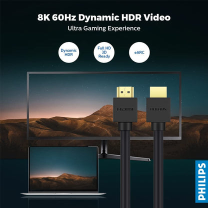 PHILIPS HDMI 2.1 8K Cable Ultra HD High Speed , 48Gbps 60Hz Support Dynamic HDR, Dolby Vision, 3D Support, eARC - 1.5m Cable