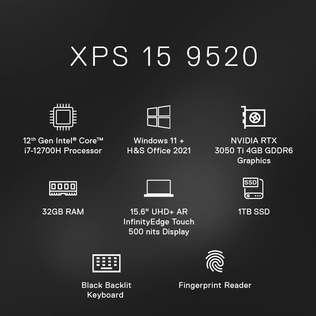 Dell New XPS 9520 Thin& Light Laptop Intel i7-12700H 32GB 1TB SSD Win 11 Office H&S 2021 NVIDIA RTX 3050 Ti 4GB GDDR6 15.6" UHD+ AR InfinityEdge Touch 500 nits Backlit Keyboard Fingerprint Reader Platinum Silver 2.01Kgs D560071WIN9S