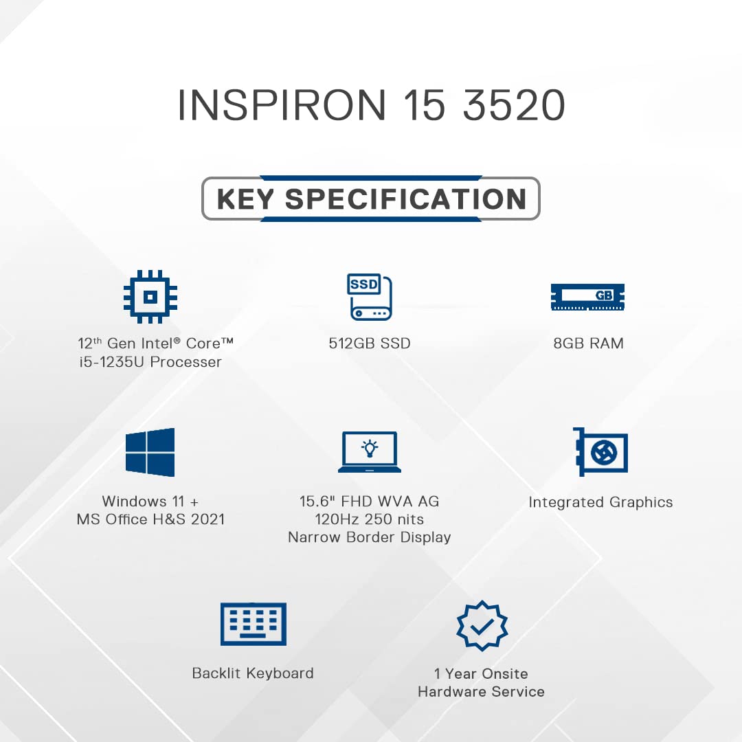 Dell Inspiron 3520 Laptop Intel i5-1235U 8GB 512GB SSD 15.6" FHD WVA AG 120Hz 250 nits Win 11 + MSO'21 Backlit KB Silver 1 Year Onsite Hardware Service D560885WIN9S