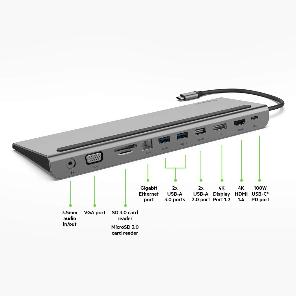 Belkin USB C Hub, 11-in-1 MultiPort Adapter Dock with 4K HDMI, DP, VGA, USB-C 100W PD Pass-Through Charging, 3 USB A, Gigabit Ethernet, SD, MicroSD, 3.5mm Ports for MacBook Pro, Air, XPS and More-Laptop Docking Stations-computerspace