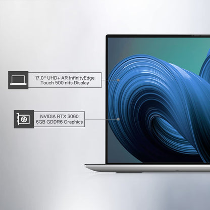 Dell Xps 9720 Laptop I9-12900hk 32gb Ddr5 1tb Ssd Win 11 + Office H&s 2021 Nvidia® Geforce® Rtx 3060 6gb Gddr6 17.0" Uhd+ Ar Infinityedge Touch 500 Nits Backlit Keyboard 1 Year Onsite Premium Support Plus Includes Adp Platinum Silver D560069win9s