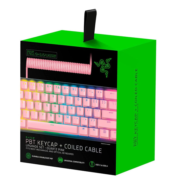Razer PBT Keycap Coiled Cable Upgrade Set Durable Doubleshot PBT Universal Compatibility Keycap Removal Tool & Stabilizers Braided Fiber Cable Quartz Pink RC21-01491000-R3M1