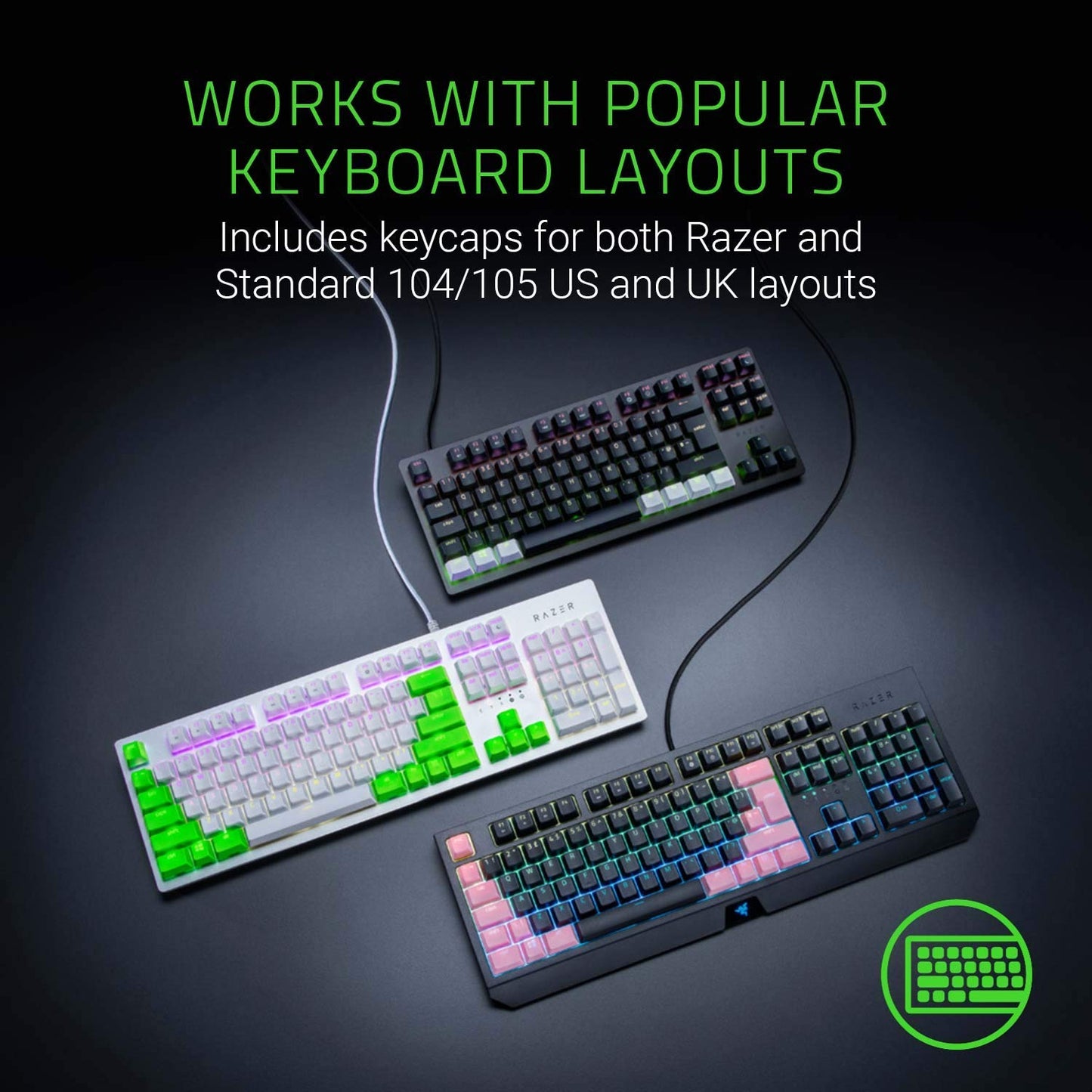 Razer Doubleshot PBT Keycap Upgrade Set for Mechanical and Optical Keyboards - Compatible with Standard 104/105 US and UK Layouts - Green -RC21-01490400-R3M1-KEYBOARD-RAZER-computerspace