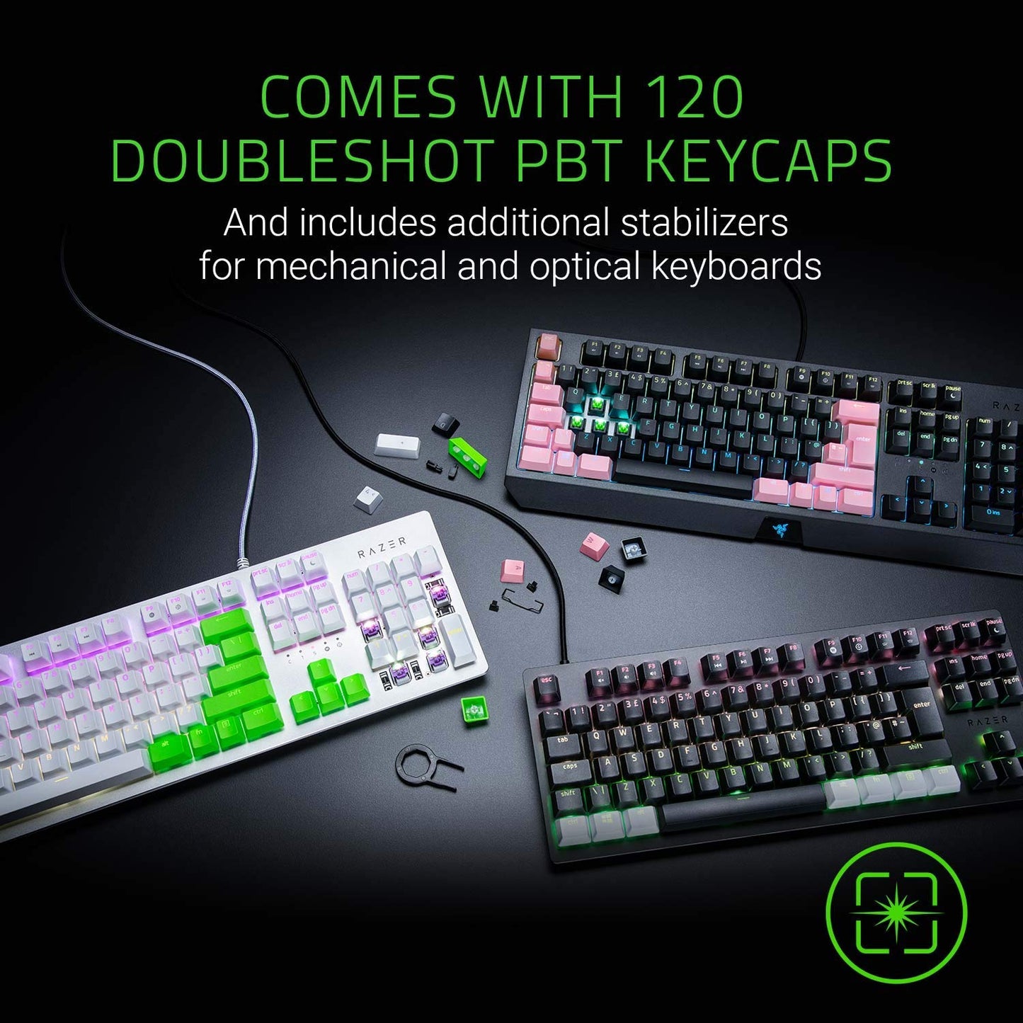 Razer Doubleshot PBT Keycap Upgrade Set for Mechanical and Optical Keyboards - Compatible with Standard 104/105 US and UK Layouts - Green -RC21-01490400-R3M1-KEYBOARD-RAZER-computerspace