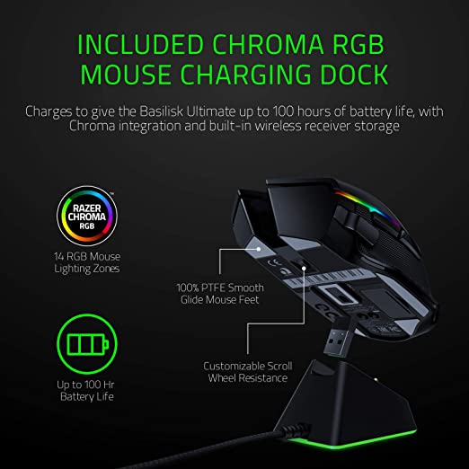 Razer Basilisk Ultimate Wireless Gaming Mouse with Charging Dock 11 Programmable Buttons 20,000 DPI Optical Sensor Chroma RGB Lighting Classic Black RZ01-03170100-R3A1