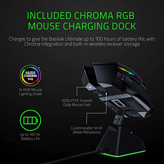 Razer Basilisk Ultimate Wireless Gaming Mouse with Charging Dock 11 Programmable Buttons 20,000 DPI Optical Sensor Chroma RGB Lighting Classic Black RZ01-03170100-R3A1-MOUSE-RAZER-computerspace