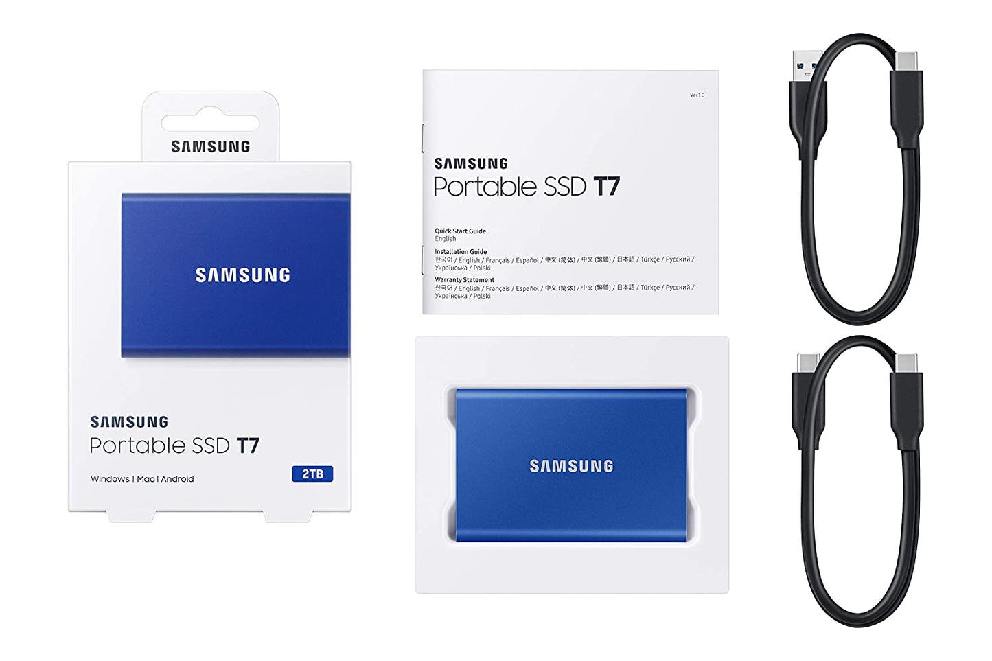 Samsung T7 2TB Up to 1,050MB/s USB 3.2 Gen 2 (10Gbps, Type-C) External Solid State Drive (Portable SSD) Blue (MU-PC2T0H)
