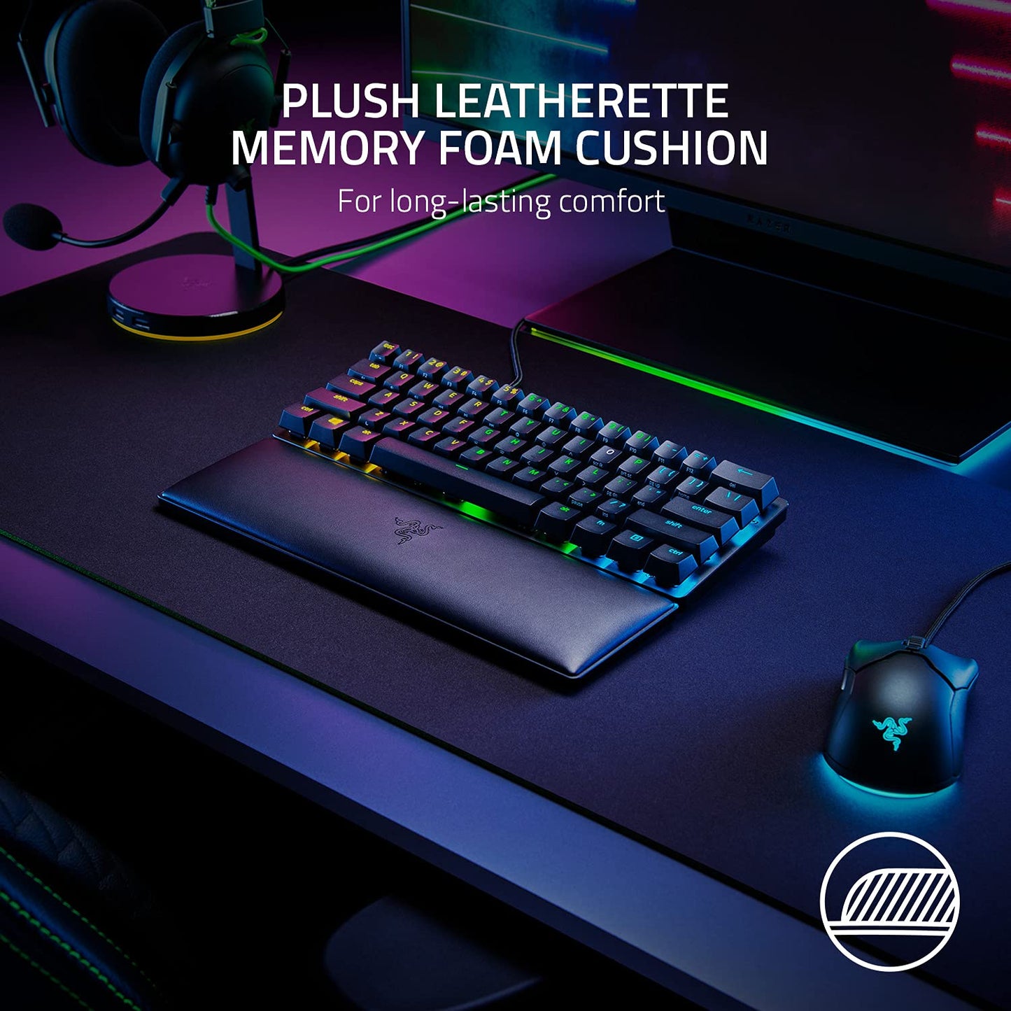 Razer Ergonomic Wrist Rest for Mini Keyboards Plush Leatherette Memory Foam Cushion Anti-Slip Rubber Feet RC21-01720100-R3M1