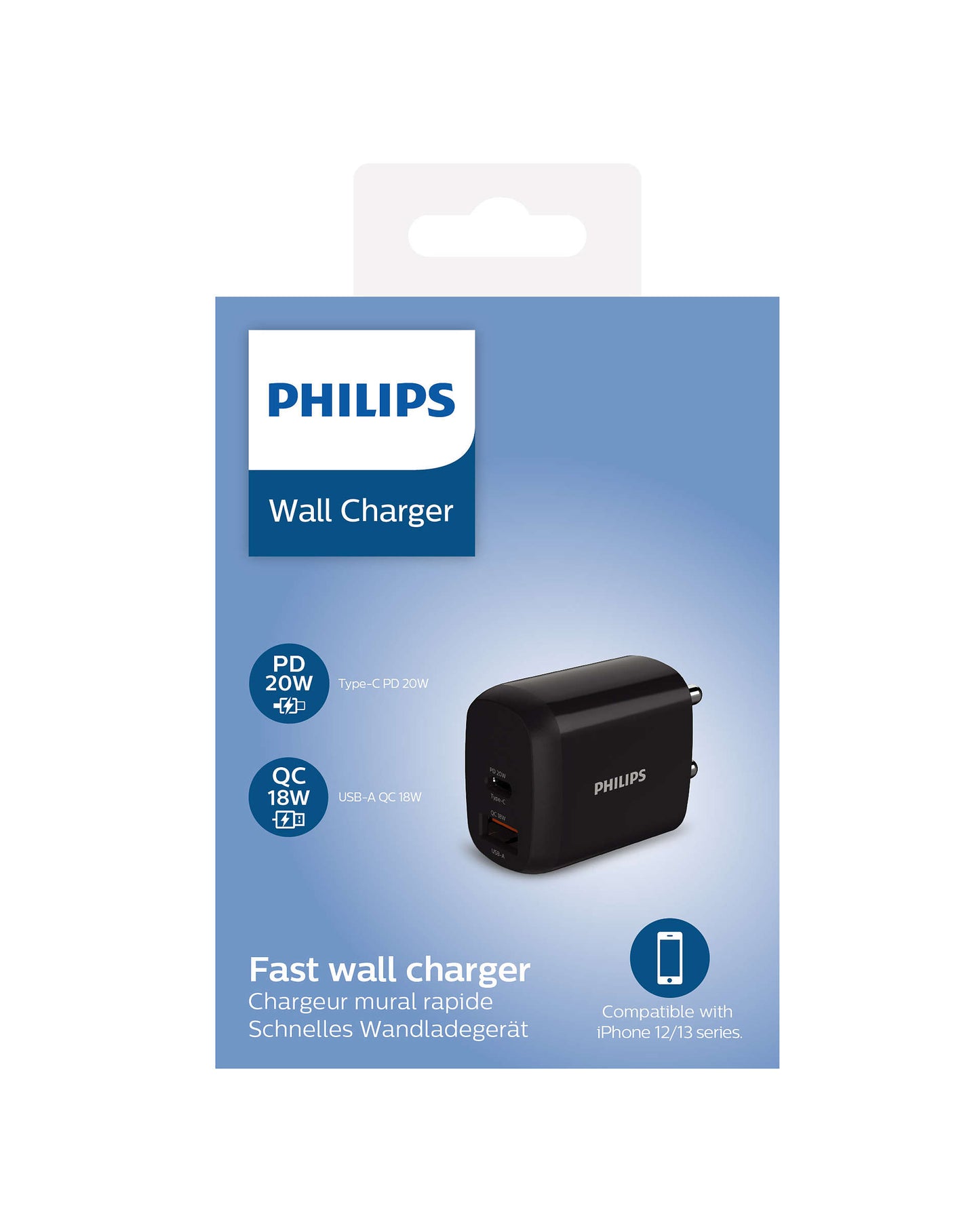 PHILIPS Wall Charher, India Plug, USB-A And Type -C Dual Port Black, PD 20W / QC 18W - DLP4326C/94-Charger-Philips-computerspace