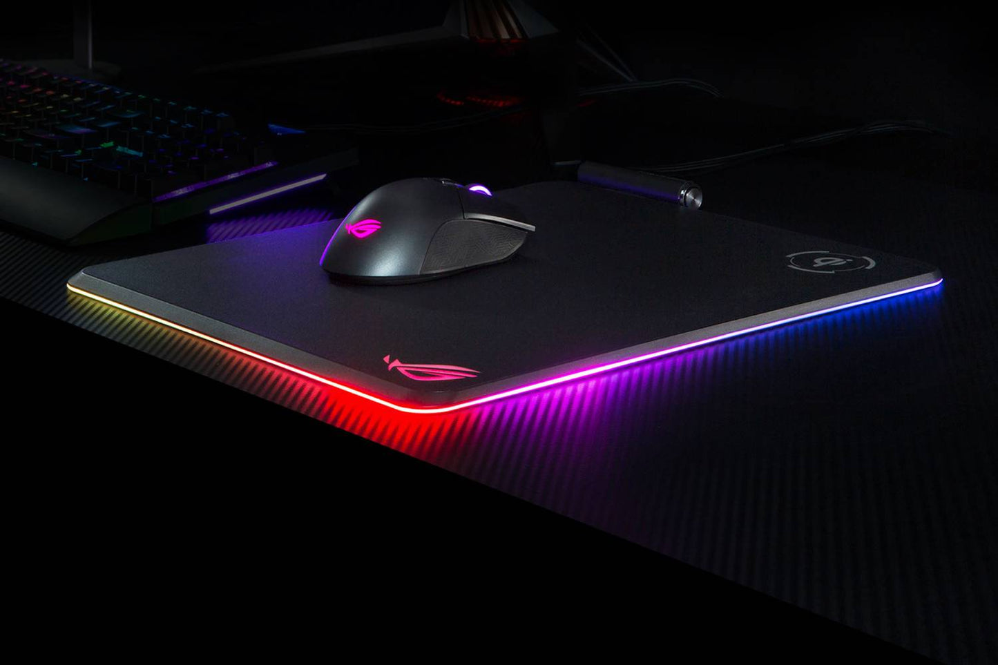 Asus ROG Balteus Qi wireless-charging RGB gaming mouse pad with 15-zone Aura Sync lighting, portrait hard surface, USB passthrough and nonslip base