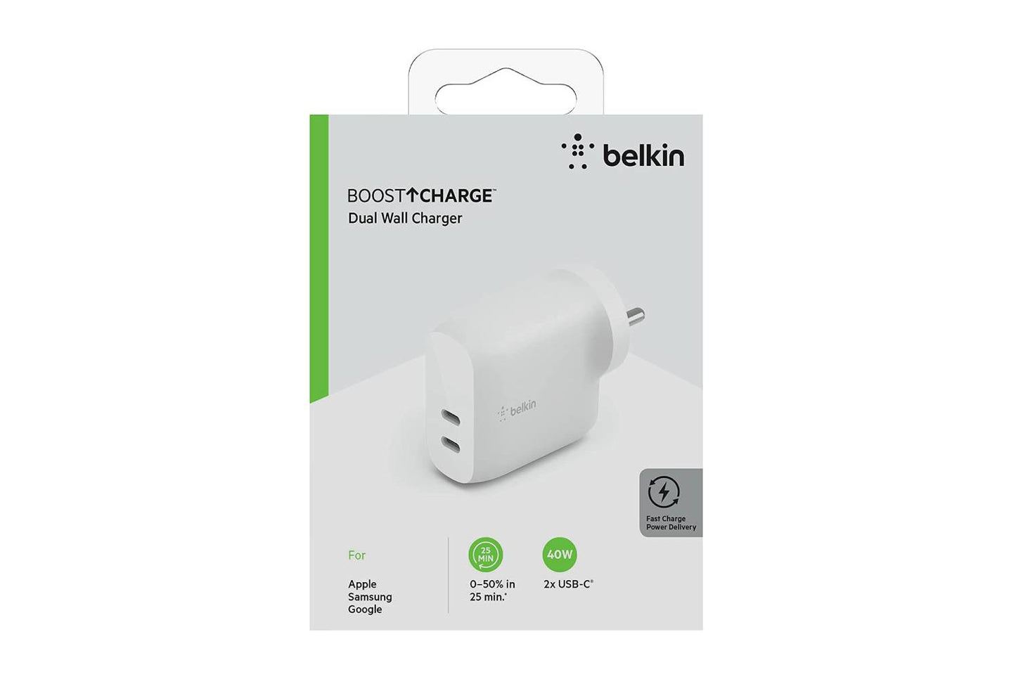 Belkin Dual USB-C PD Wall Charger 40W Power Delivery 3.0 Certified, Compact Size, Fast Charging, Universally Compatible- White-Power Adapters & Chargers-computerspace