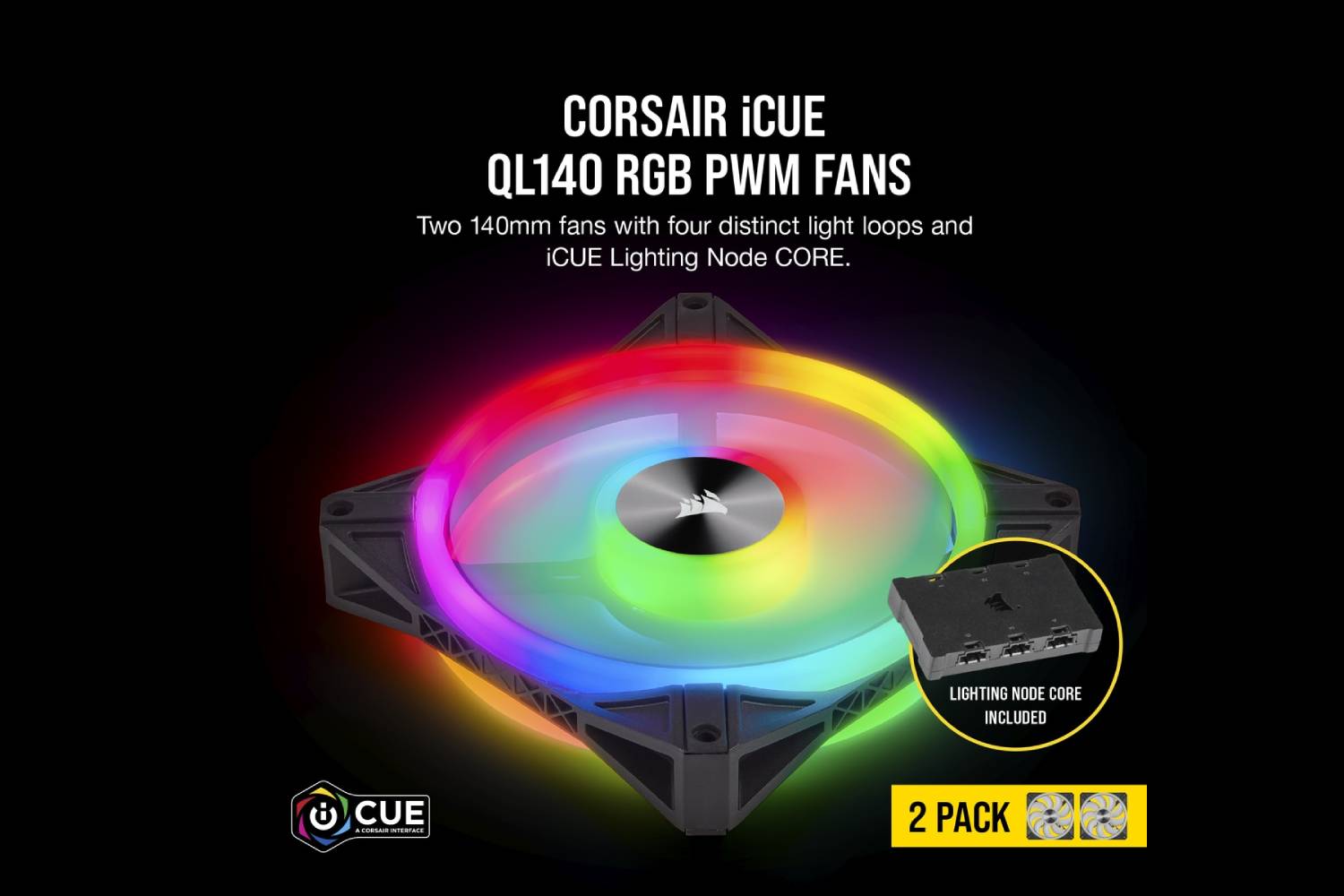 Corsair iCUE QL140 RGB 140mm PWM Dual Fan Kit with Lighting Node CORE