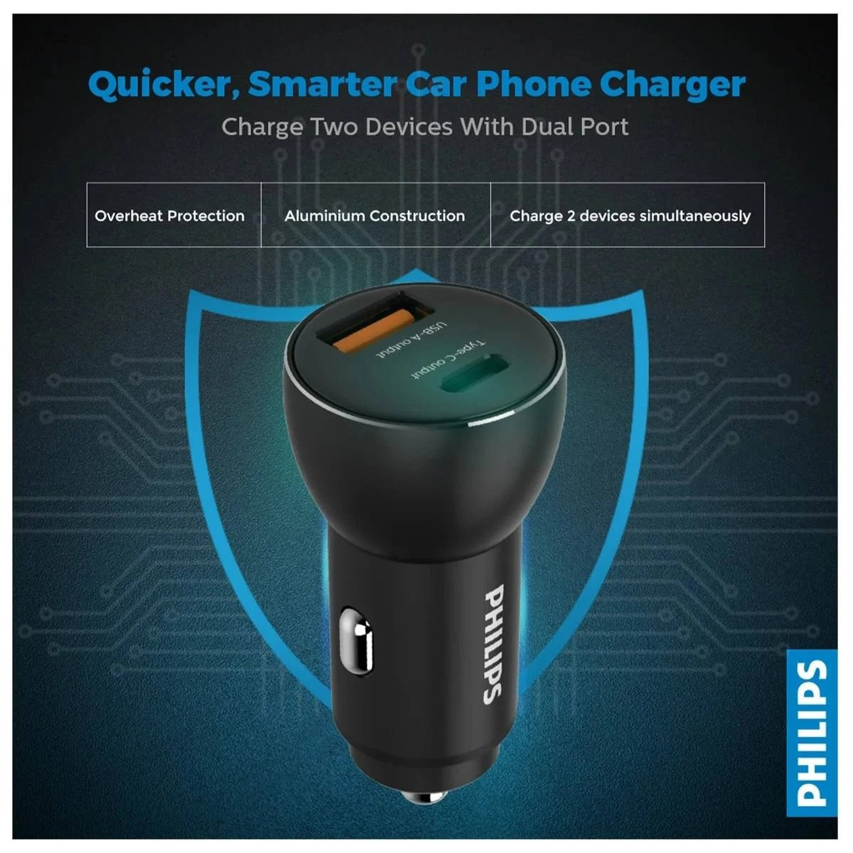 Philips 1 USB-C 2 USB-A Car Charger with Power Delivery, Black