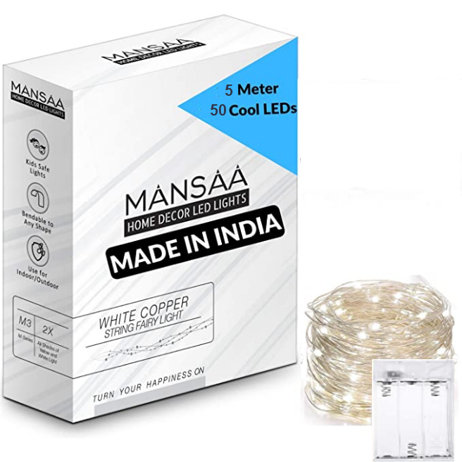 MANSAA String LED Light for Home Decoration; (Cool White, 3AA Battery) 5M