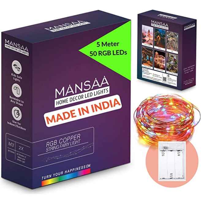 MANSAA String LED Light for Home Decoration; (RGB/Multicolor, 3AA Battery) 5M