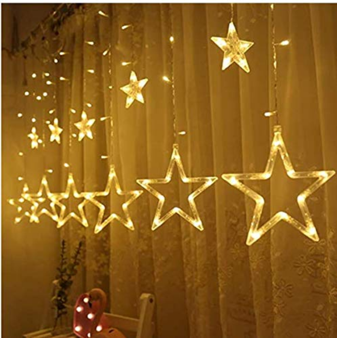 MANSAA String LED Curtain Light with 12 Stars for Home Decoration; (Warm White)