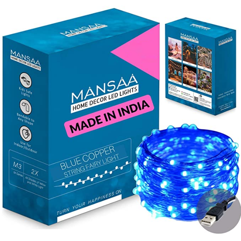 MANSAA String LED Light for Home Decoration; (Blue, USB Only) 10M