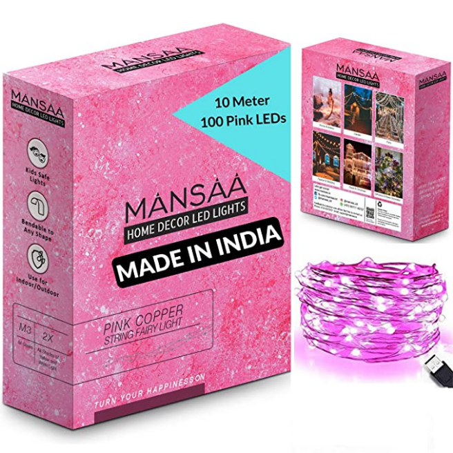 MANSAA String LED Light for Home Decoration; (Pink, USB Only) 10M