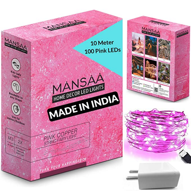 MANSAA String LED Light for Home Decoration; (Pink, USB with Adapter) 10M