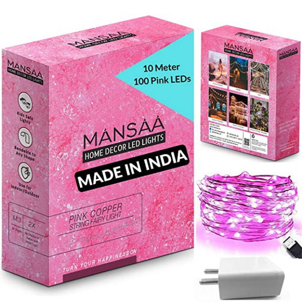 MANSAA String LED Light for Home Decoration; (Pink, USB with Adapter) 10M