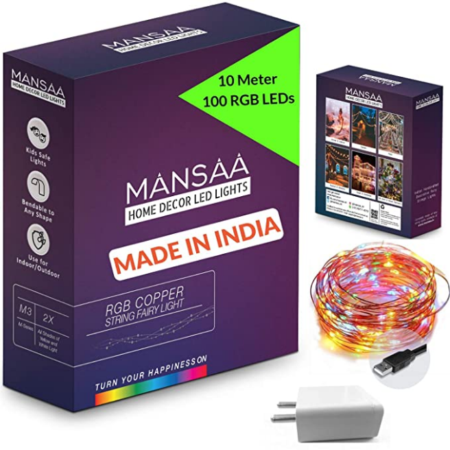 MANSAA String LED Light for Home Decoration; (RGB/Multicolor, USB with Adapter) 10M