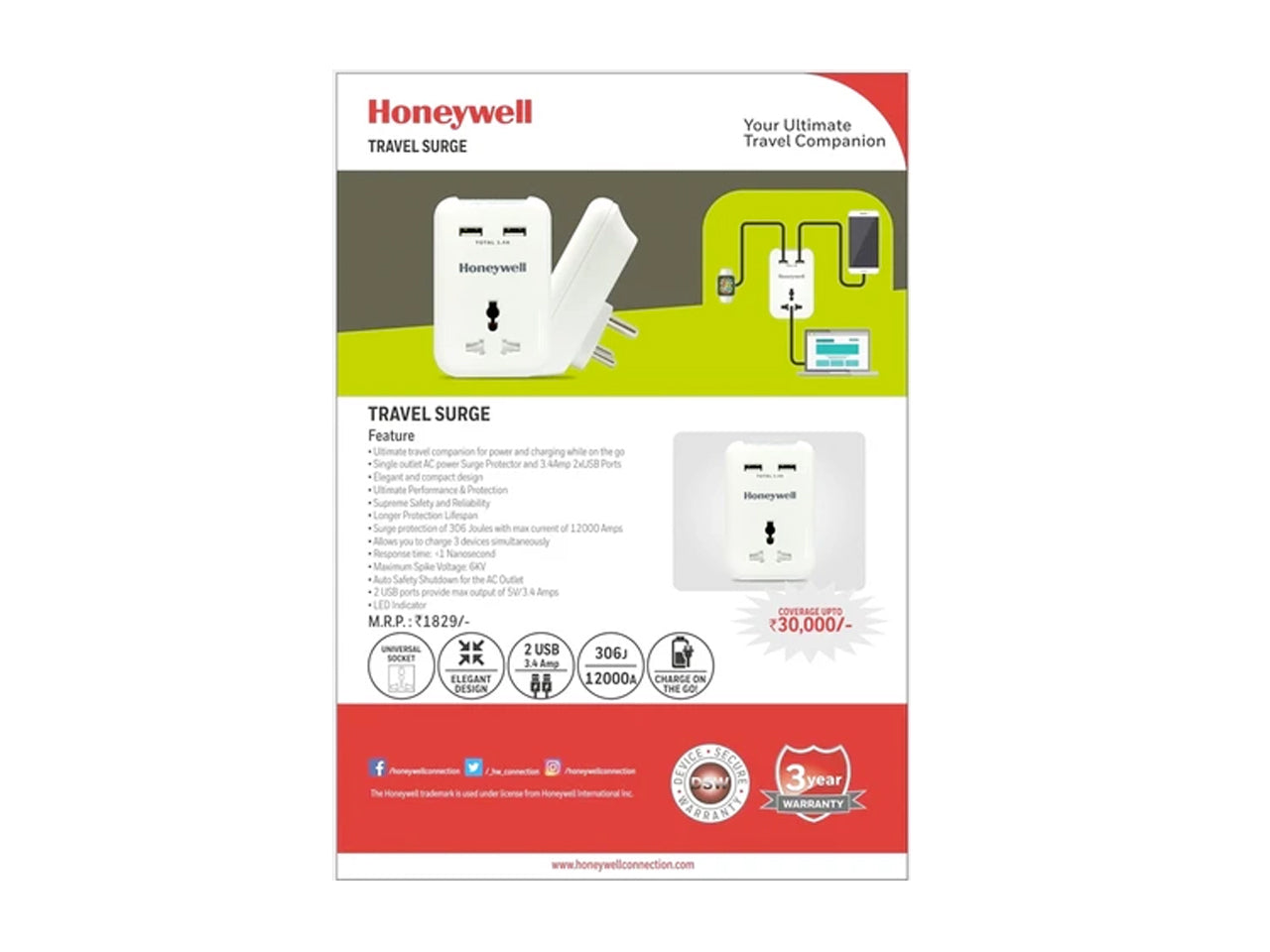 Honeywell Travel Surge Single Socket with 2 X USB Platinum