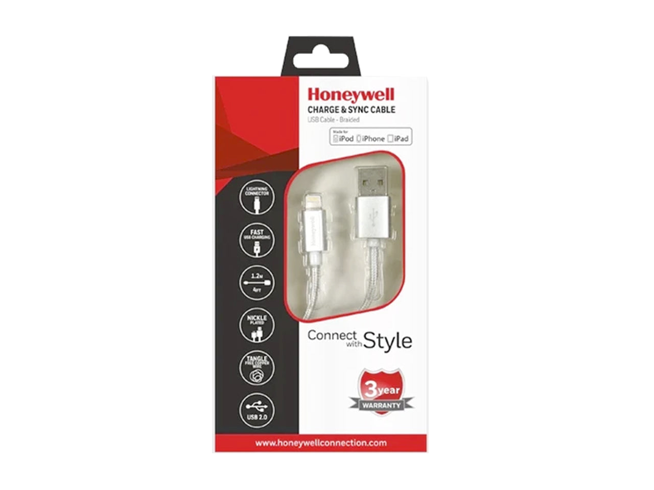 Honeywell Apple Lightning Sync & Charge Cable 1.2 Mtr (Braided) Silver